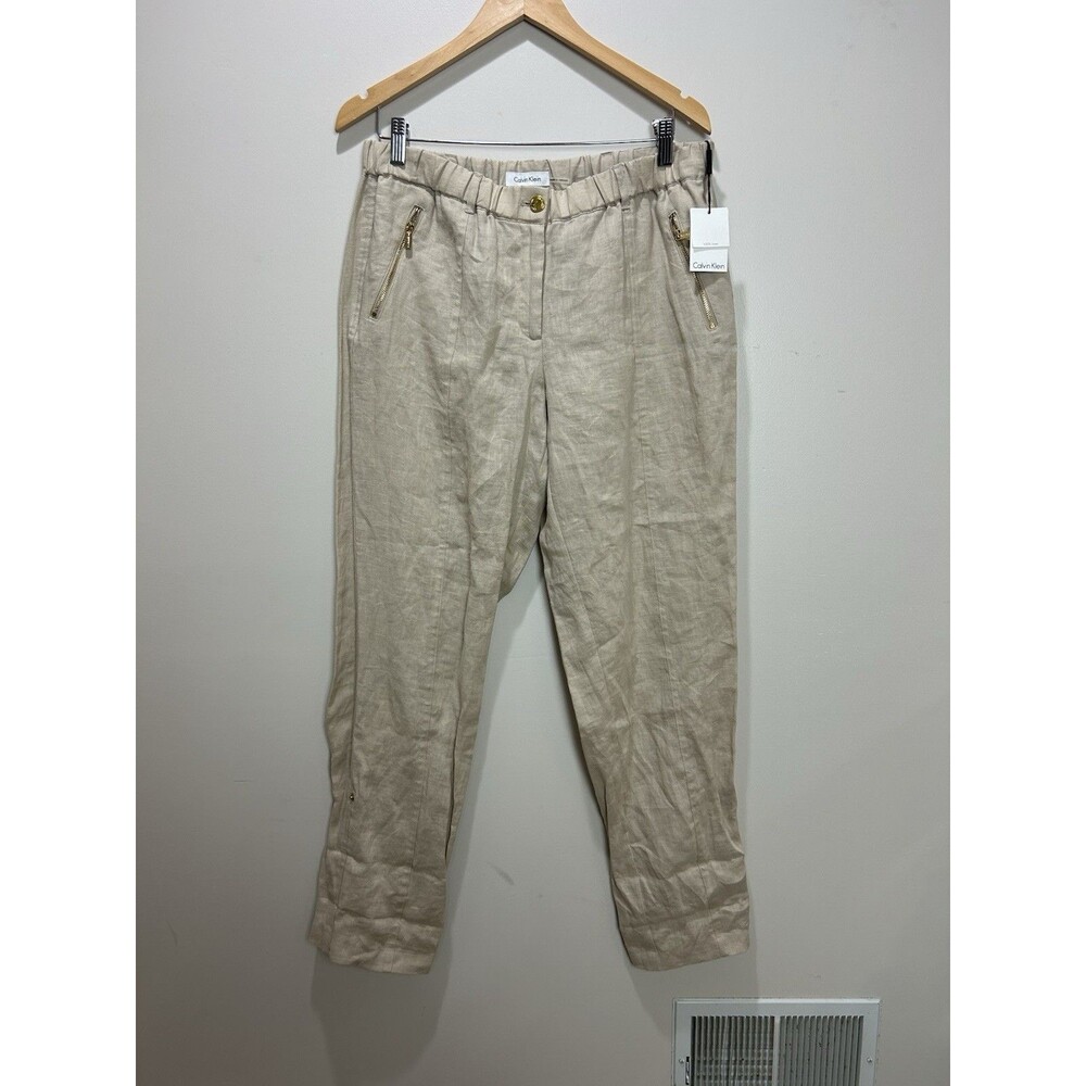 Calvin Klein Womens Beige 100% Linen Adjustable Length Gold Zip Pocket Size M